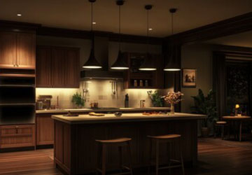 Warm, finished kitchen with pendant lights glowing over island and under-cabinet lighting creating a cozy atmosphere
