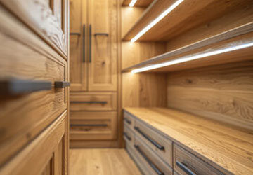 Finished walk-in wardrobe with warm wood cabinetry and modern LED under-shelf lighting, highlighting bespoke joinery craftsmanship